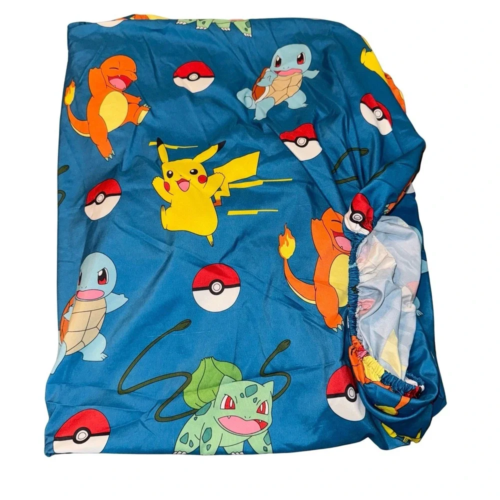 Pokemon Twin Size Fitted Sheet Polyester‎ Blue Pikachu Charizard Bulbasaur